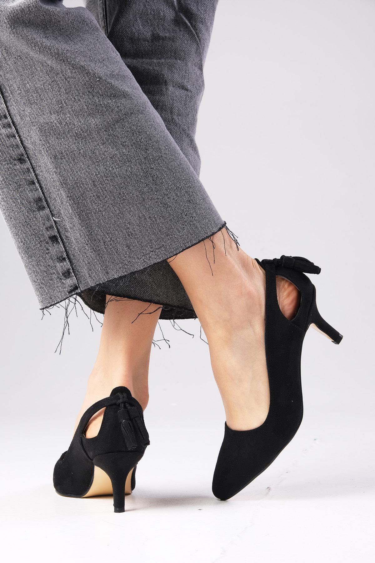 Drop Siyah Renk Süet Topuklu Ayakkabı