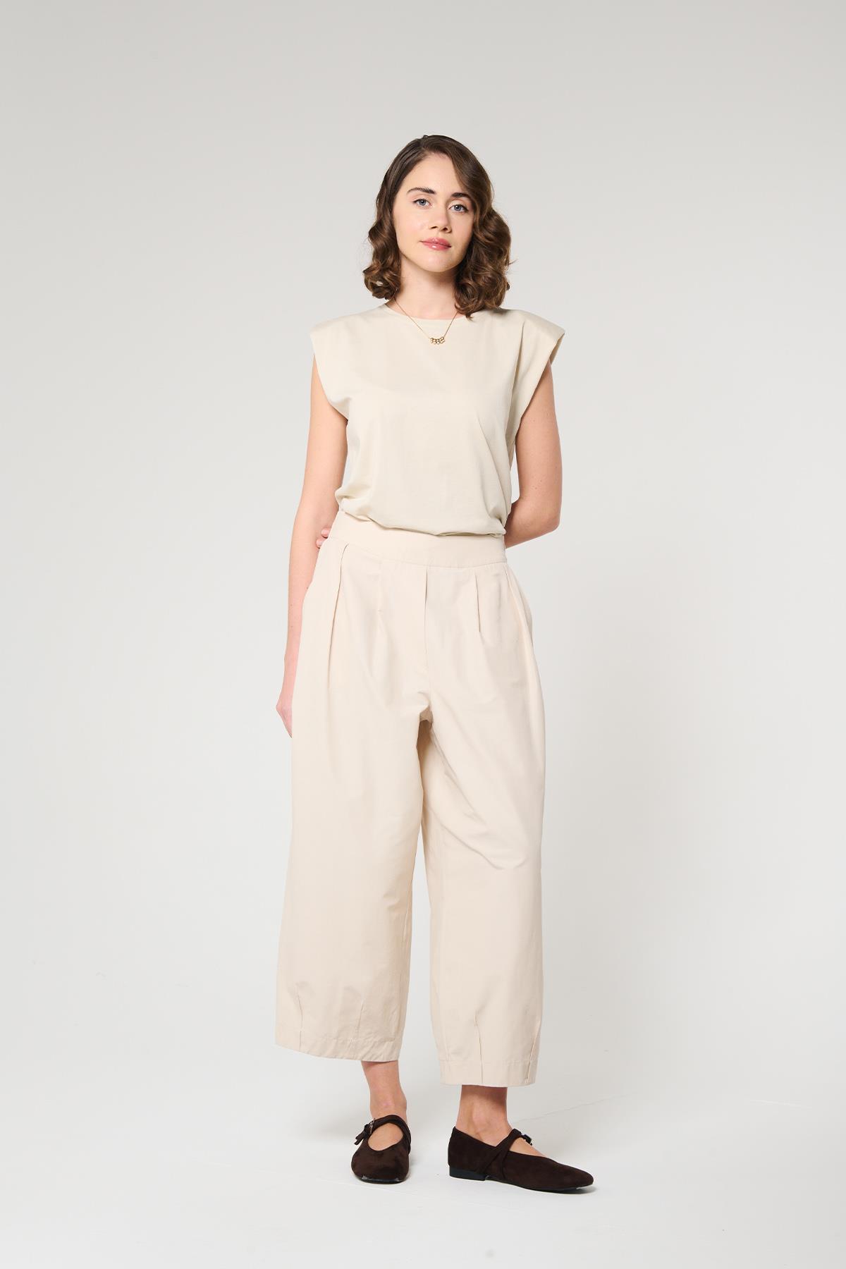 Ekru Renk Crop Pantolon