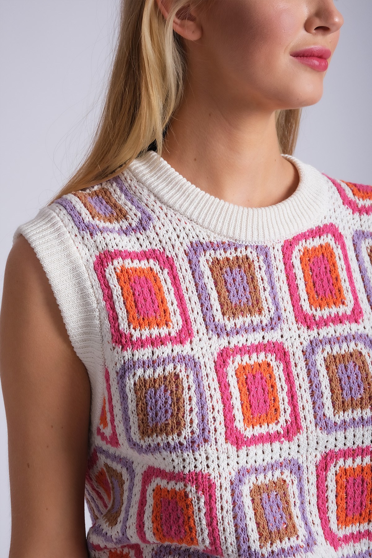 MIOROPA Ekru-Turuncu Renk Kroşe Desenli Kadın Triko Süveter