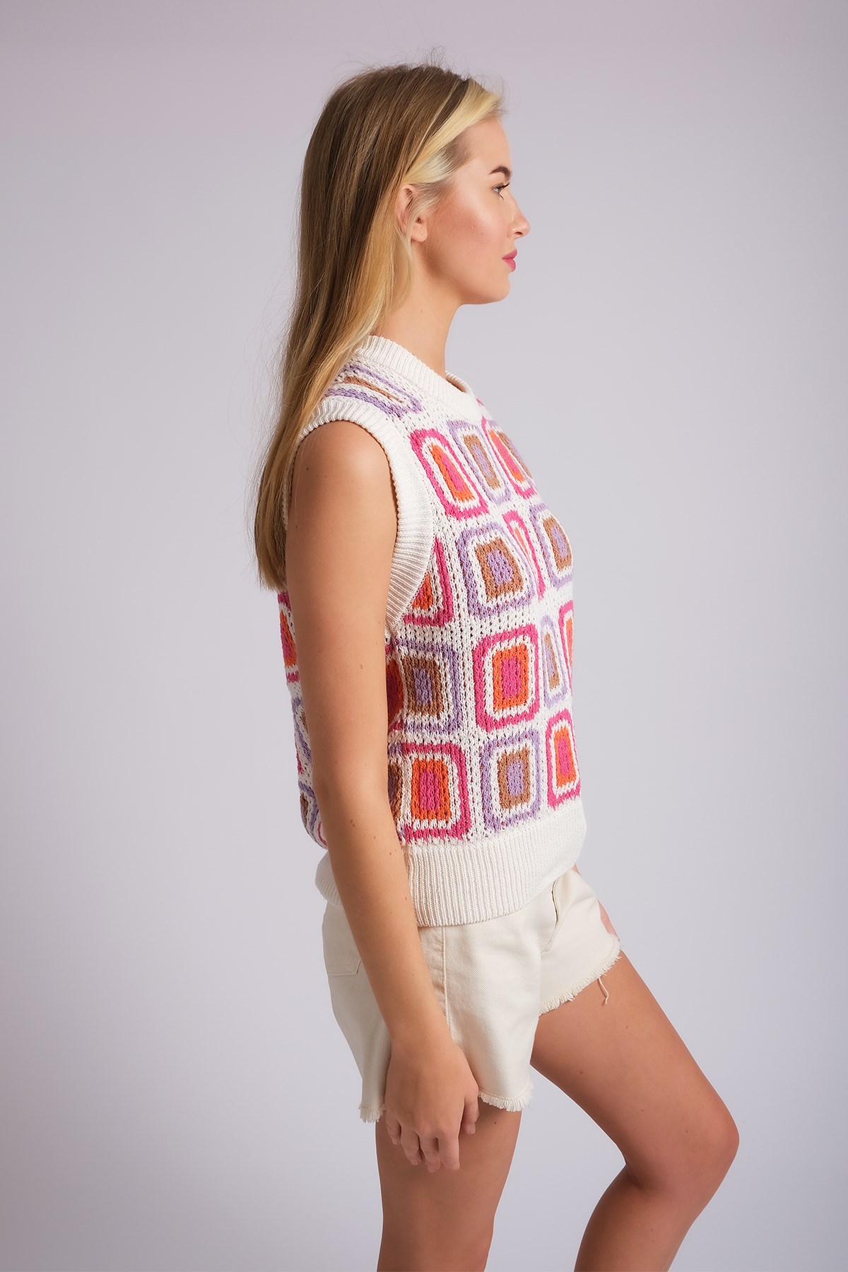 MIOROPA Ekru-Turuncu Renk Kroşe Desenli Kadın Triko Süveter