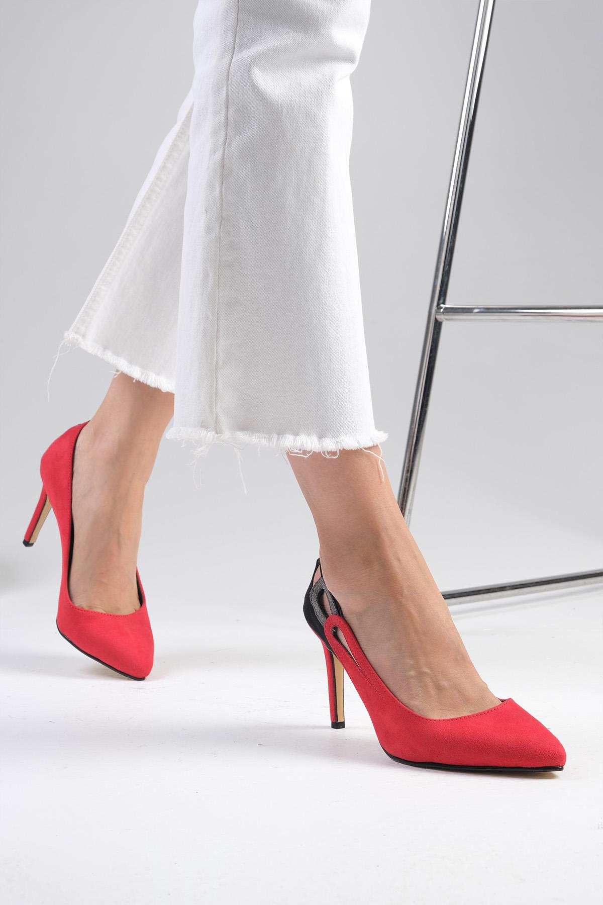 Elvira Kırmızı Süet Renk Bloklu Stiletto