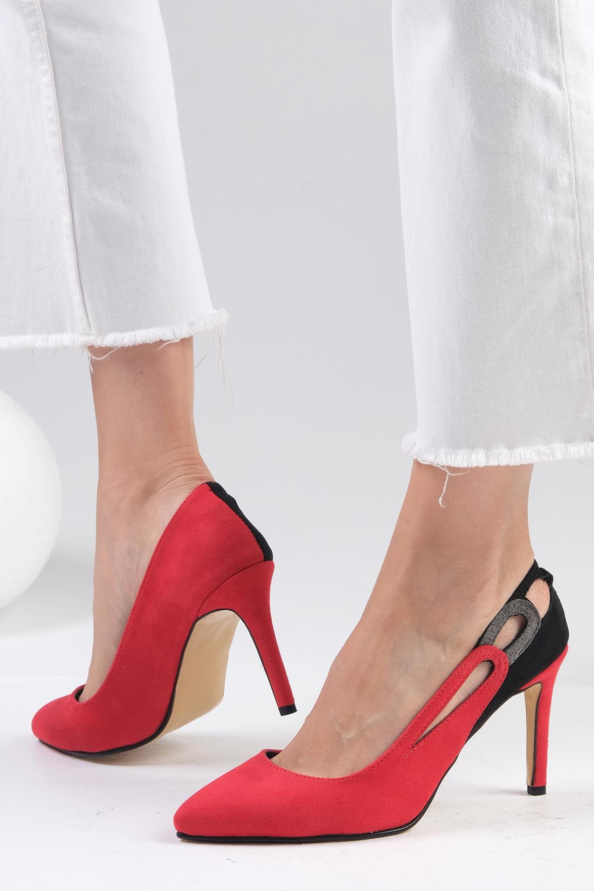 Elvira Kırmızı Süet Renk Bloklu Stiletto