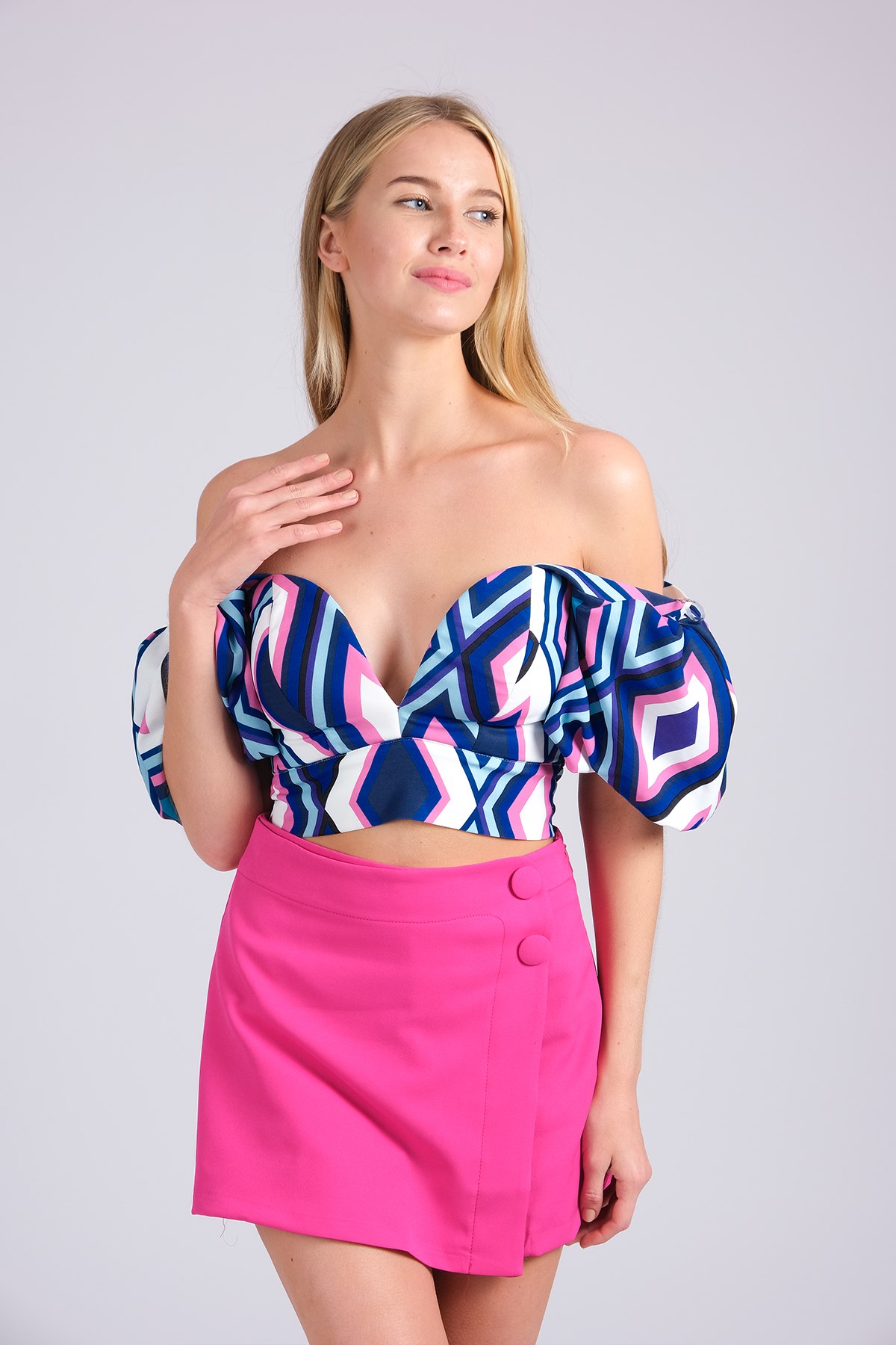 MIOROPA Fuşya Renk Desenli Balon Kol Kadın Bluz