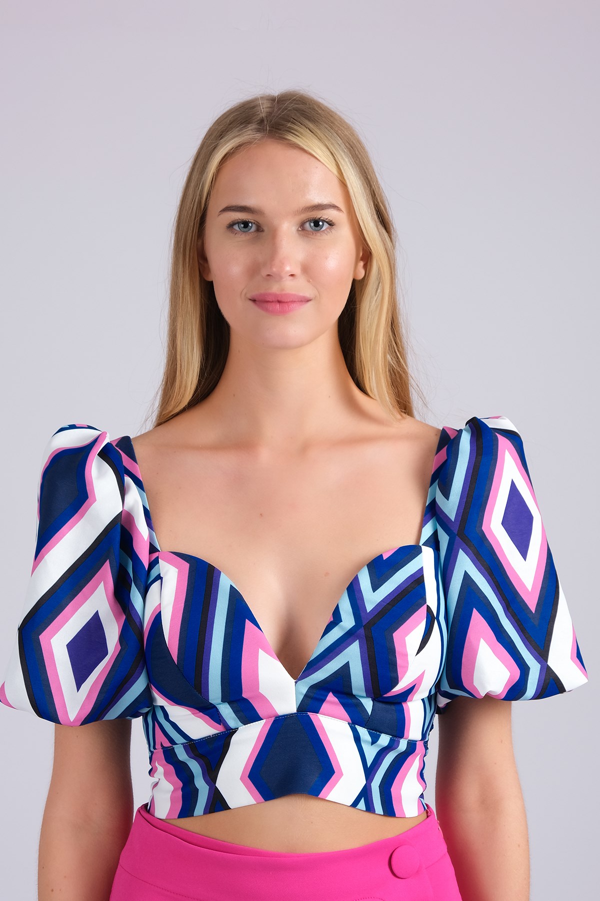 MIOROPA Fuşya Renk Desenli Balon Kol Kadın Bluz