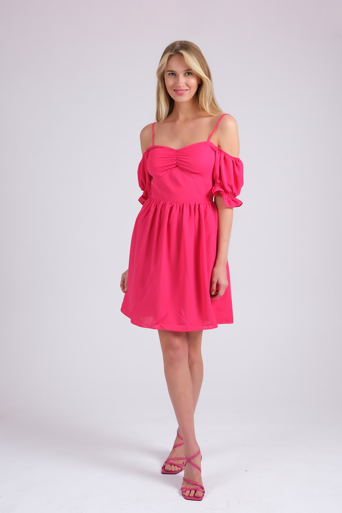 MIOROPA Fuşya Renk İp Askılı Kısa Kollu Kadın Elbise