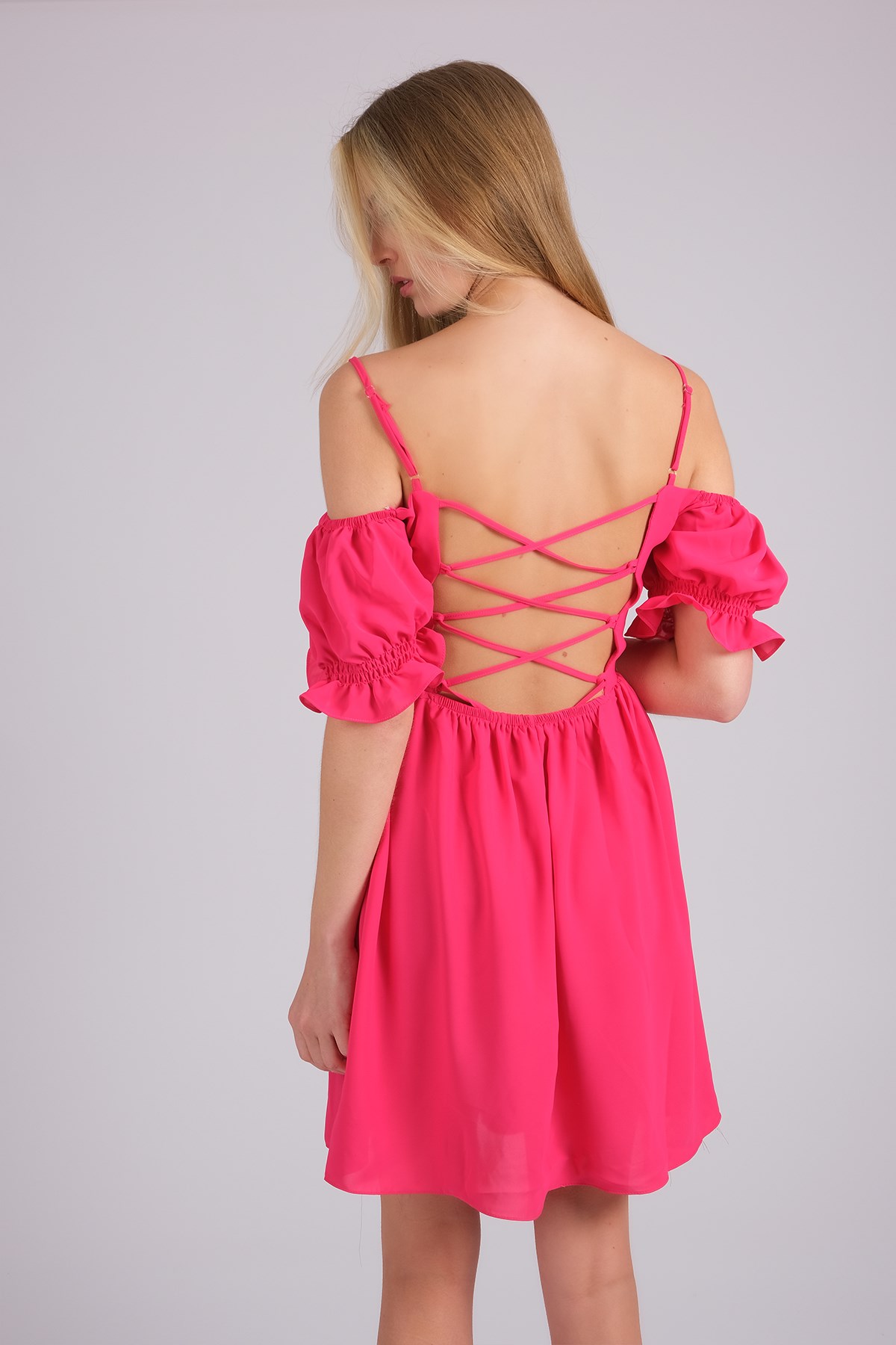 MIOROPA Fuşya Renk İp Askılı Kısa Kollu Kadın Elbise