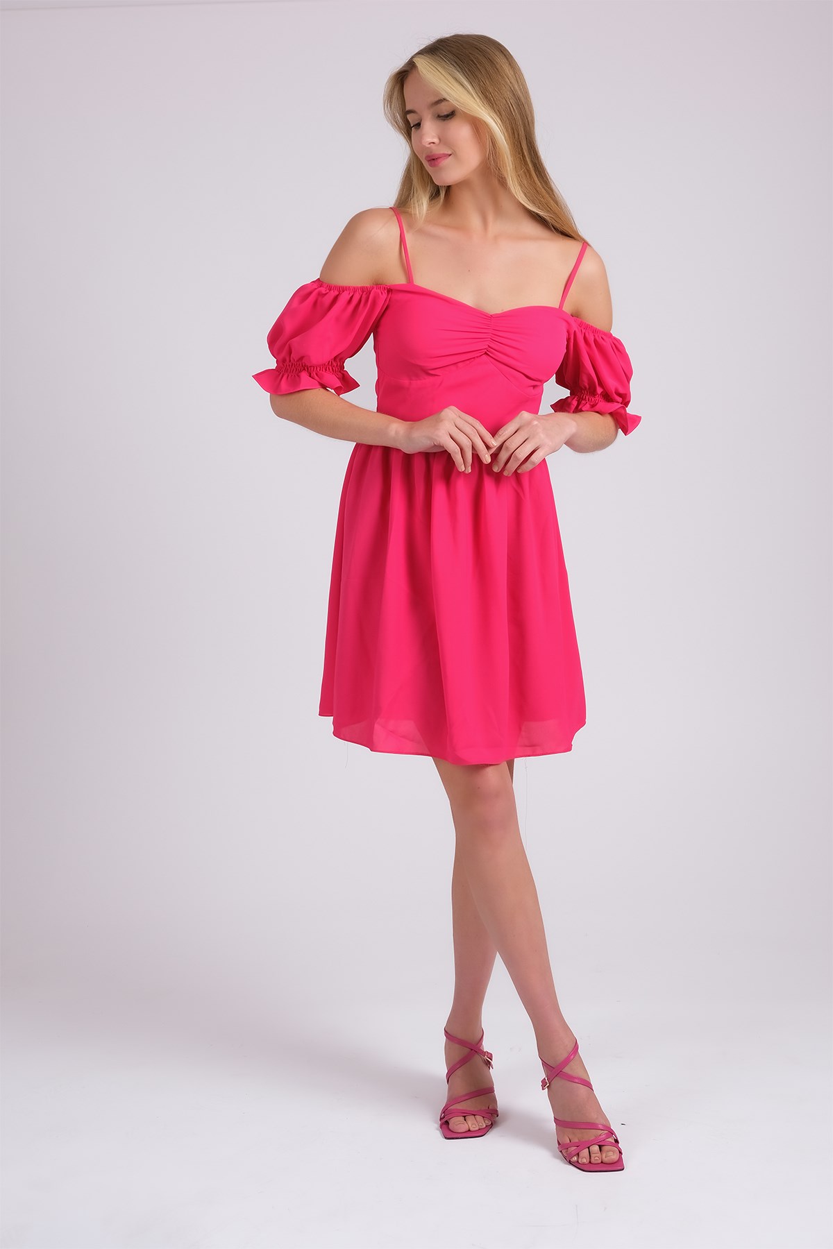MIOROPA Fuşya Renk İp Askılı Kısa Kollu Kadın Elbise