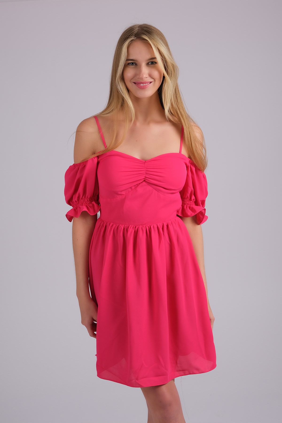MIOROPA Fuşya Renk İp Askılı Kısa Kollu Kadın Elbise
