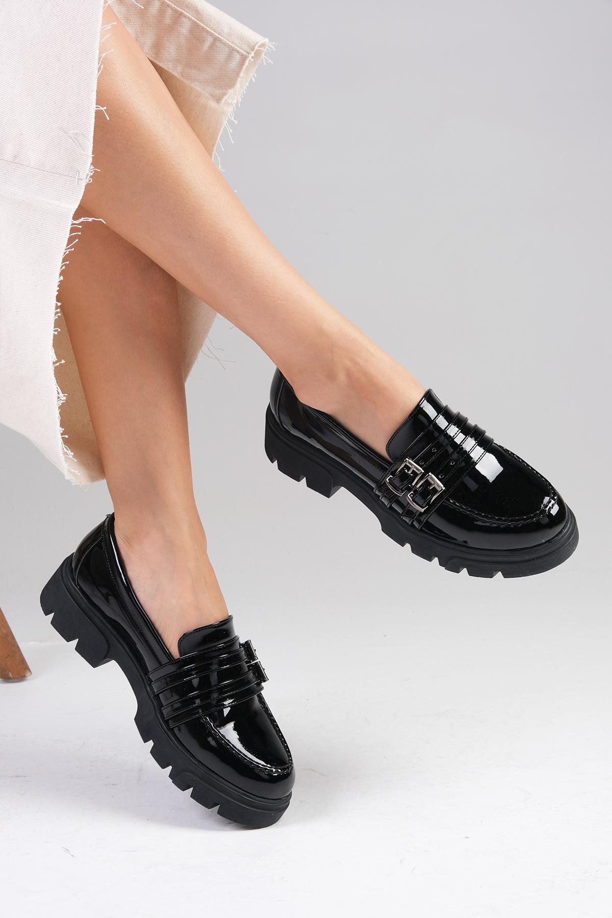 Gaby Siyah Renk Kalın Tabanlı Oxford Ayakkabı