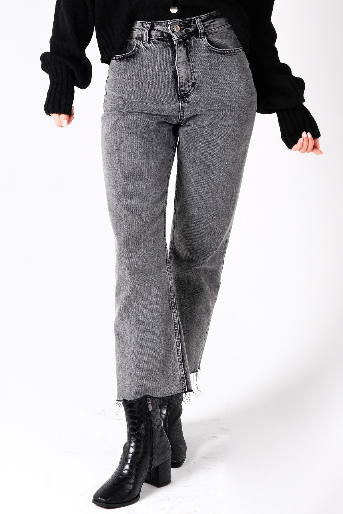 MIOROPA Gri Yüksek Bel Jean Pantolon