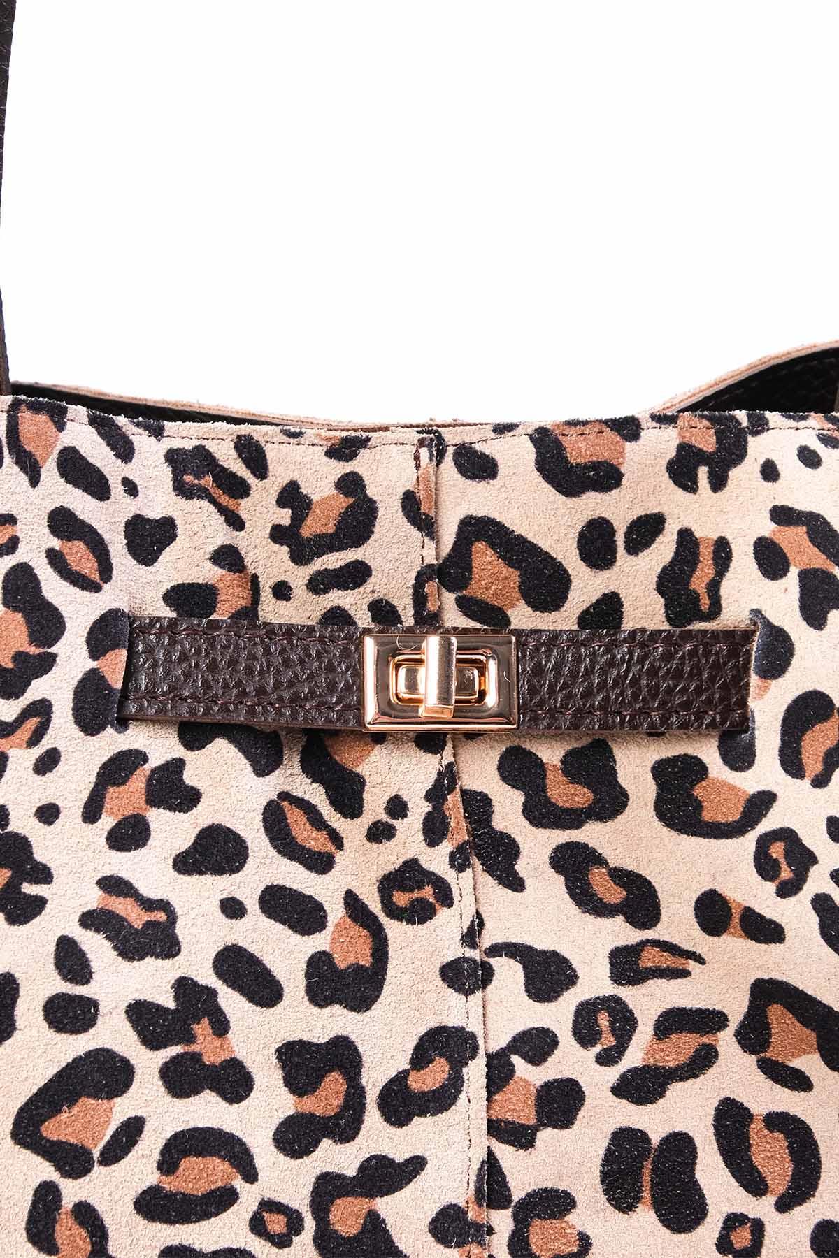 Hakiki Süet Leopar Desenli Büzgü Detaylı El Ve Omuz Çantası