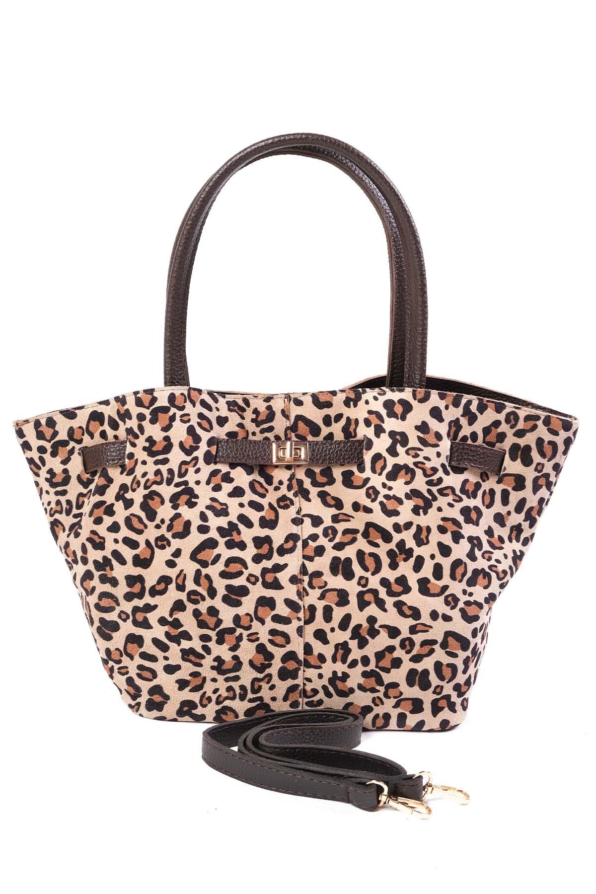 Hakiki Süet Leopar Desenli Büzgü Detaylı El Ve Omuz Çantası