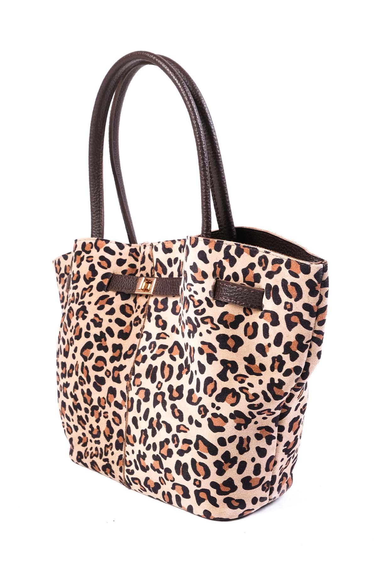 Hakiki Süet Leopar Desenli Büzgü Detaylı El Ve Omuz Çantası