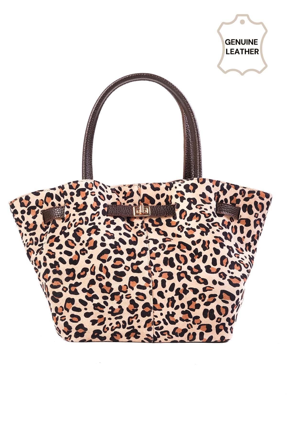 Hakiki Süet Leopar Desenli Büzgü Detaylı El Ve Omuz Çantası