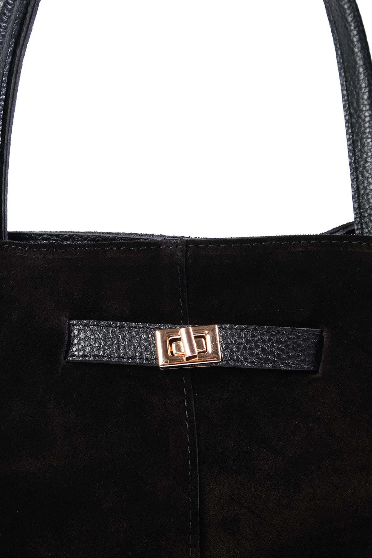 Hakiki Süet Siyah Renk Büzgü Detaylı El Ve Omuz Çantası