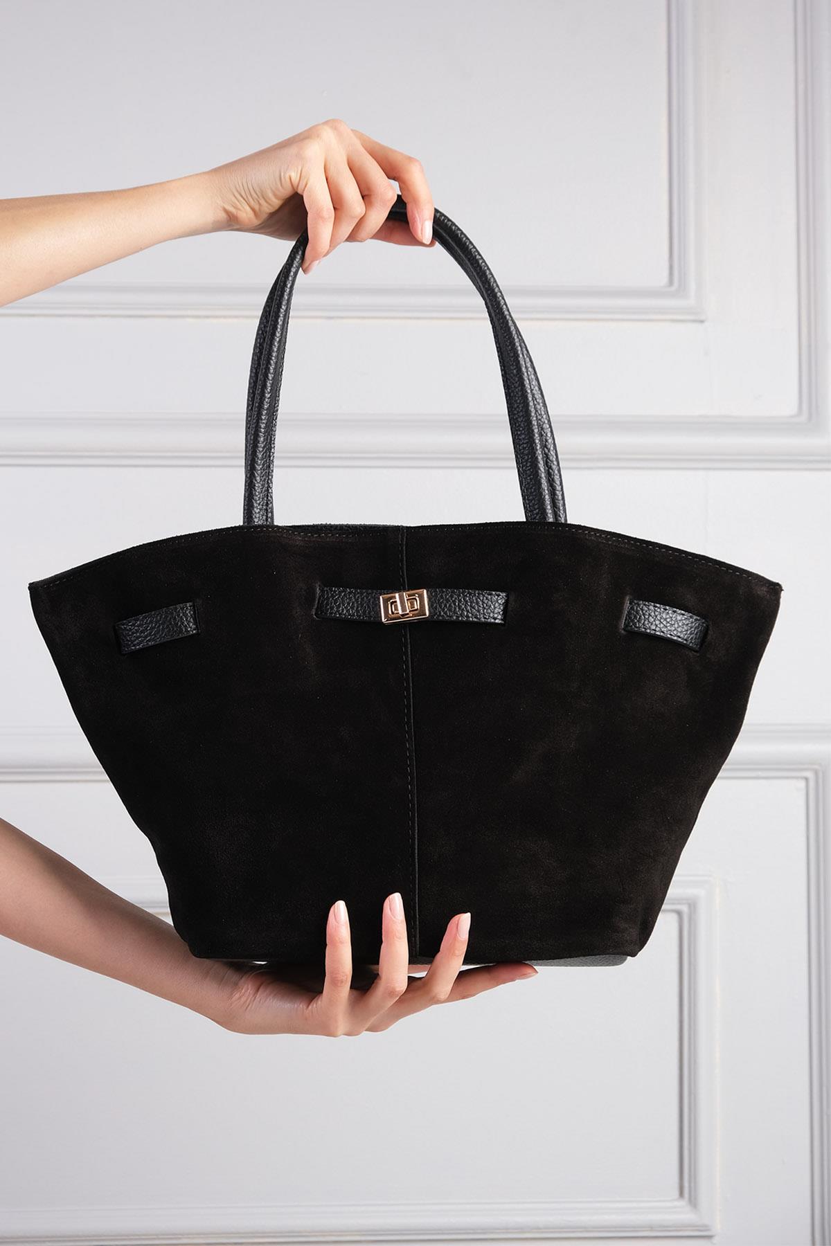 Hakiki Süet Siyah Renk Büzgü Detaylı El Ve Omuz Çantası