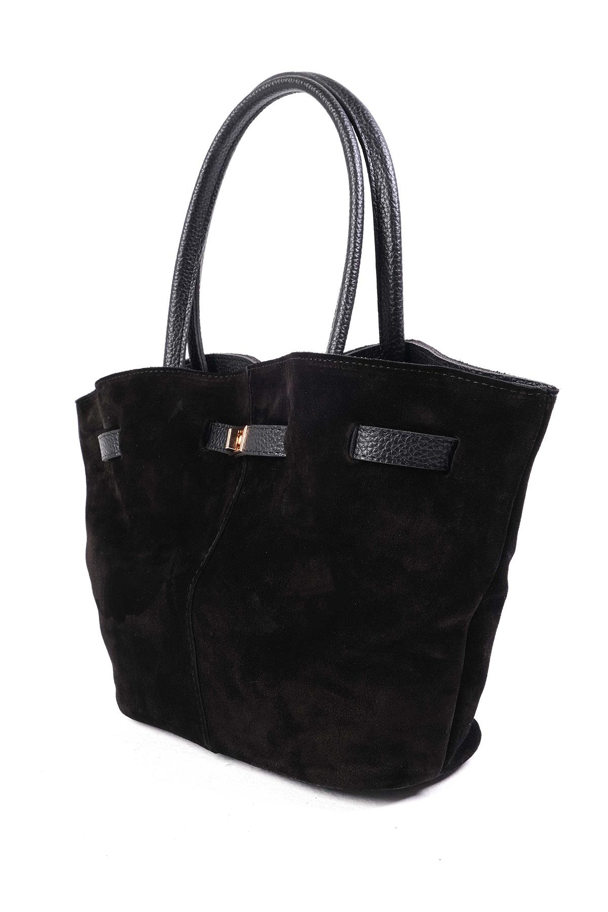 Hakiki Süet Siyah Renk Büzgü Detaylı El Ve Omuz Çantası