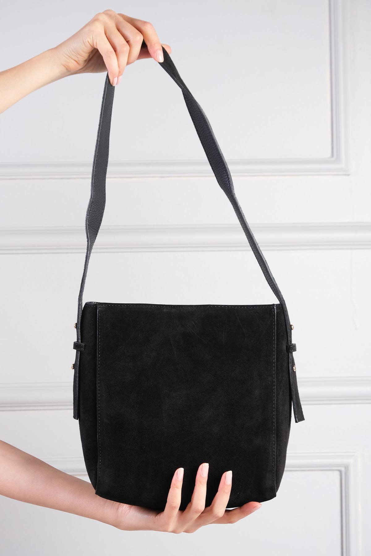 Hakiki Süet Siyah Renk Omuz Çantası