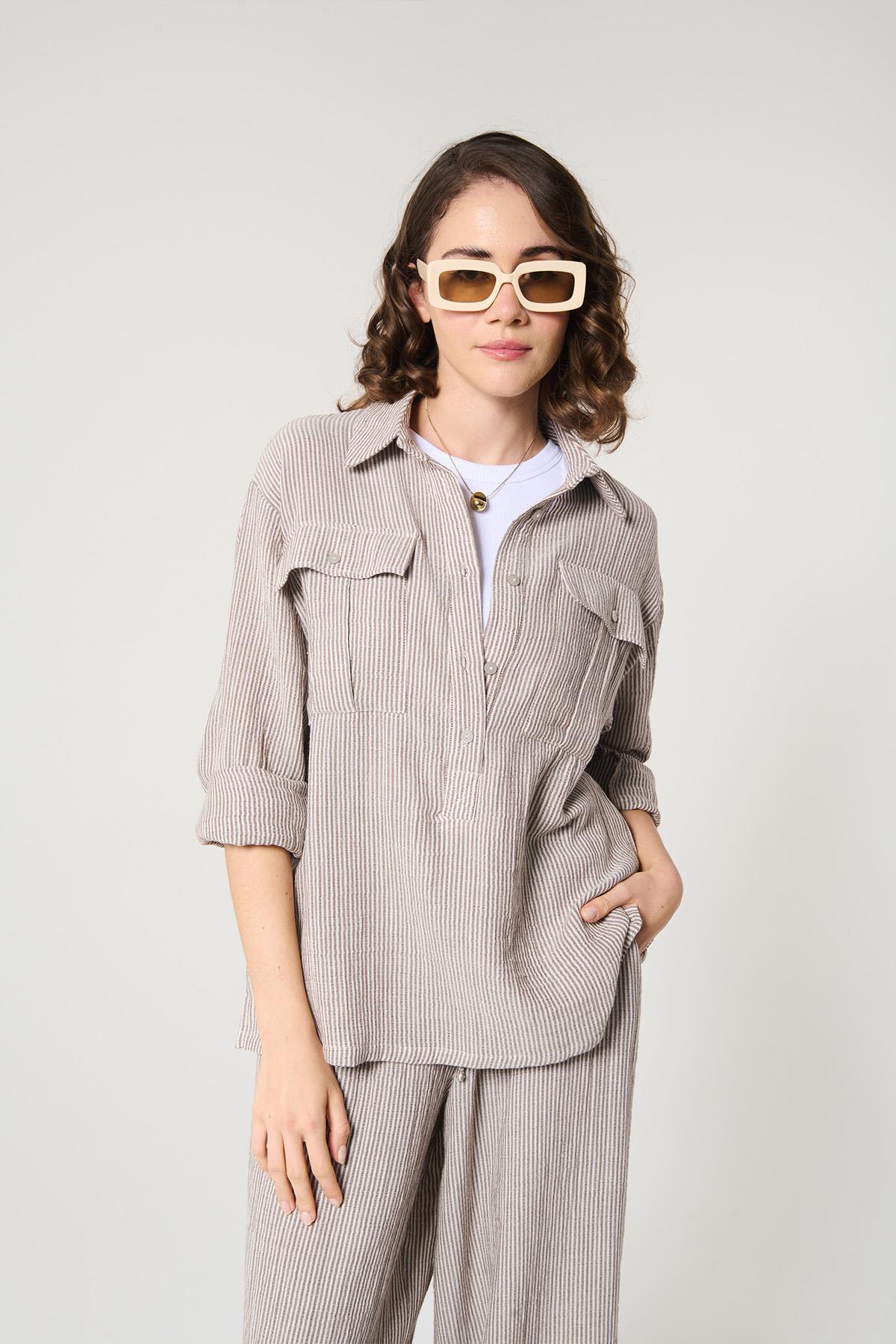 Kahverengi %100 Pamuklu Gömlek