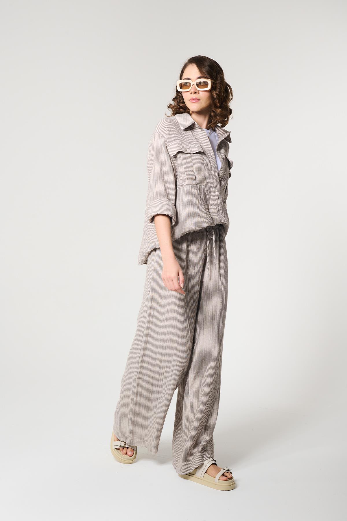 Kahverengi Çizgili %100 Pamuklu Pantolon