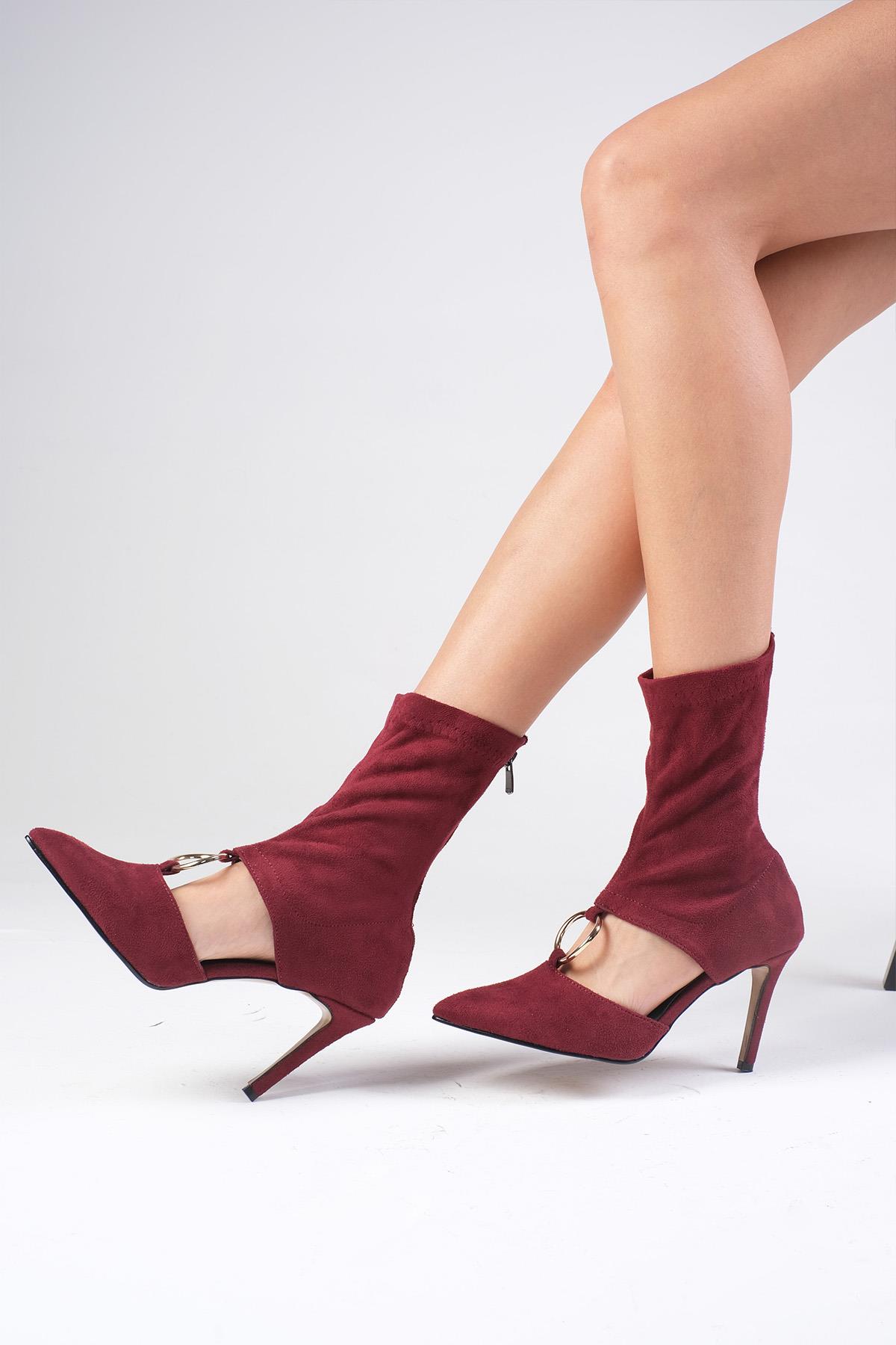 Lilya Bordo Renk Streç Topuklu Bootie Ayakkabı