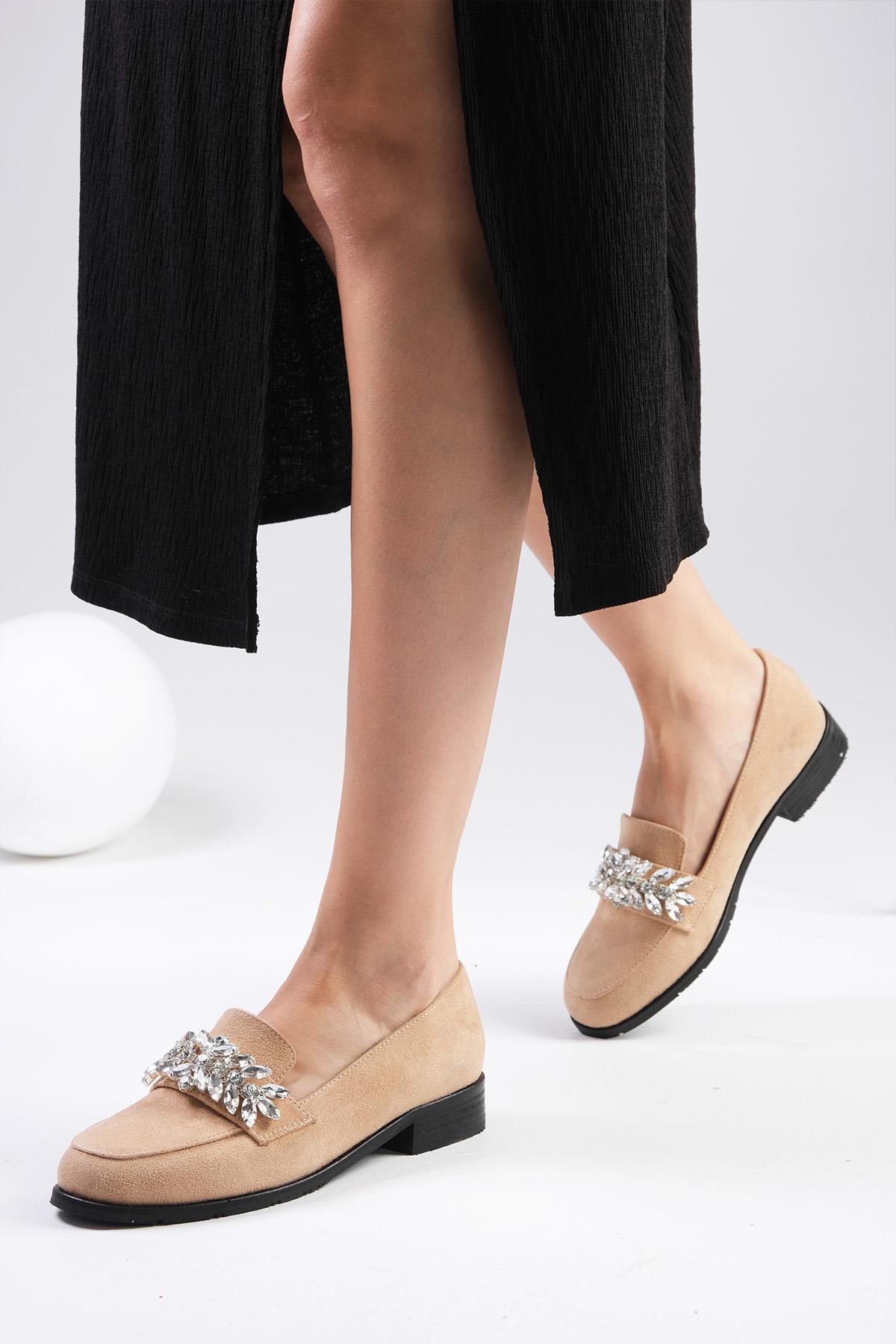 Matilda Bej Renk Süet Taşlı Oxford Ayakkabı