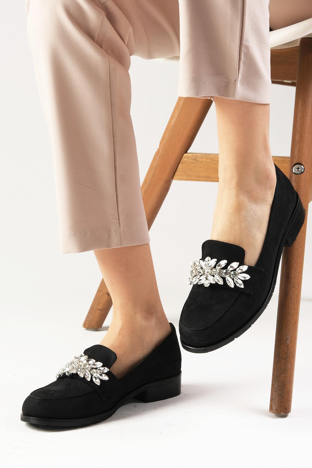 Matilda Siyah Renk Süet Taşlı Oxford Ayakkabı