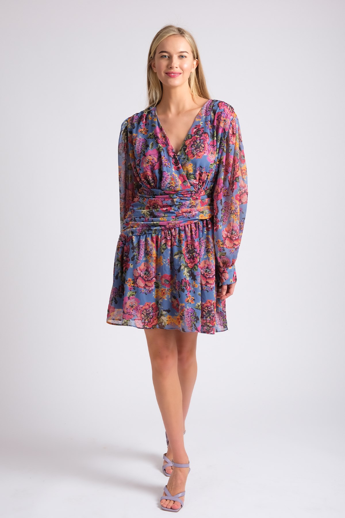 MIOROPA Mavi Renk Çiçek Desenli Kadın Şifon Elbise