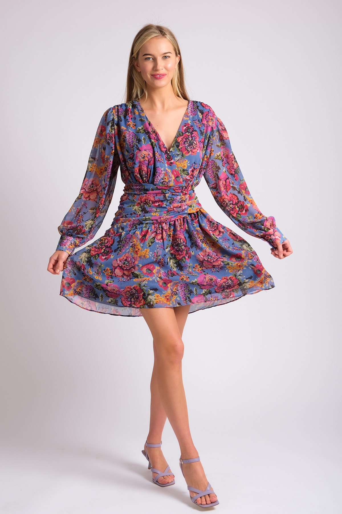 MIOROPA Mavi Renk Çiçek Desenli Kadın Şifon Elbise