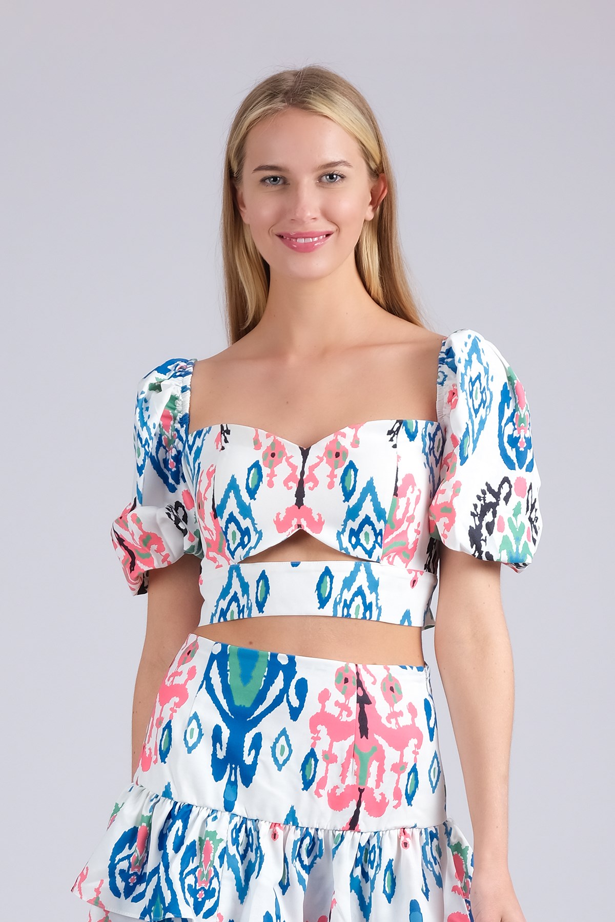 MIOROPA Mavi Renk Desenli Balon Kol Kadın Bluz