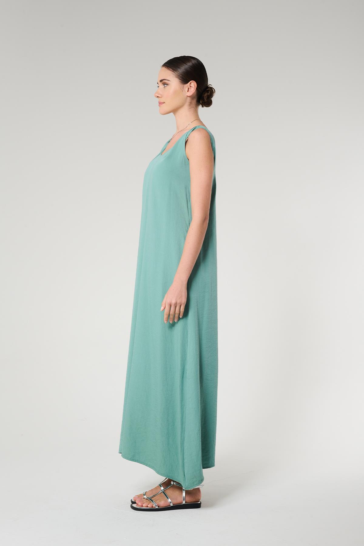 Burgu Askılı Adaçayı Rengi Elbise