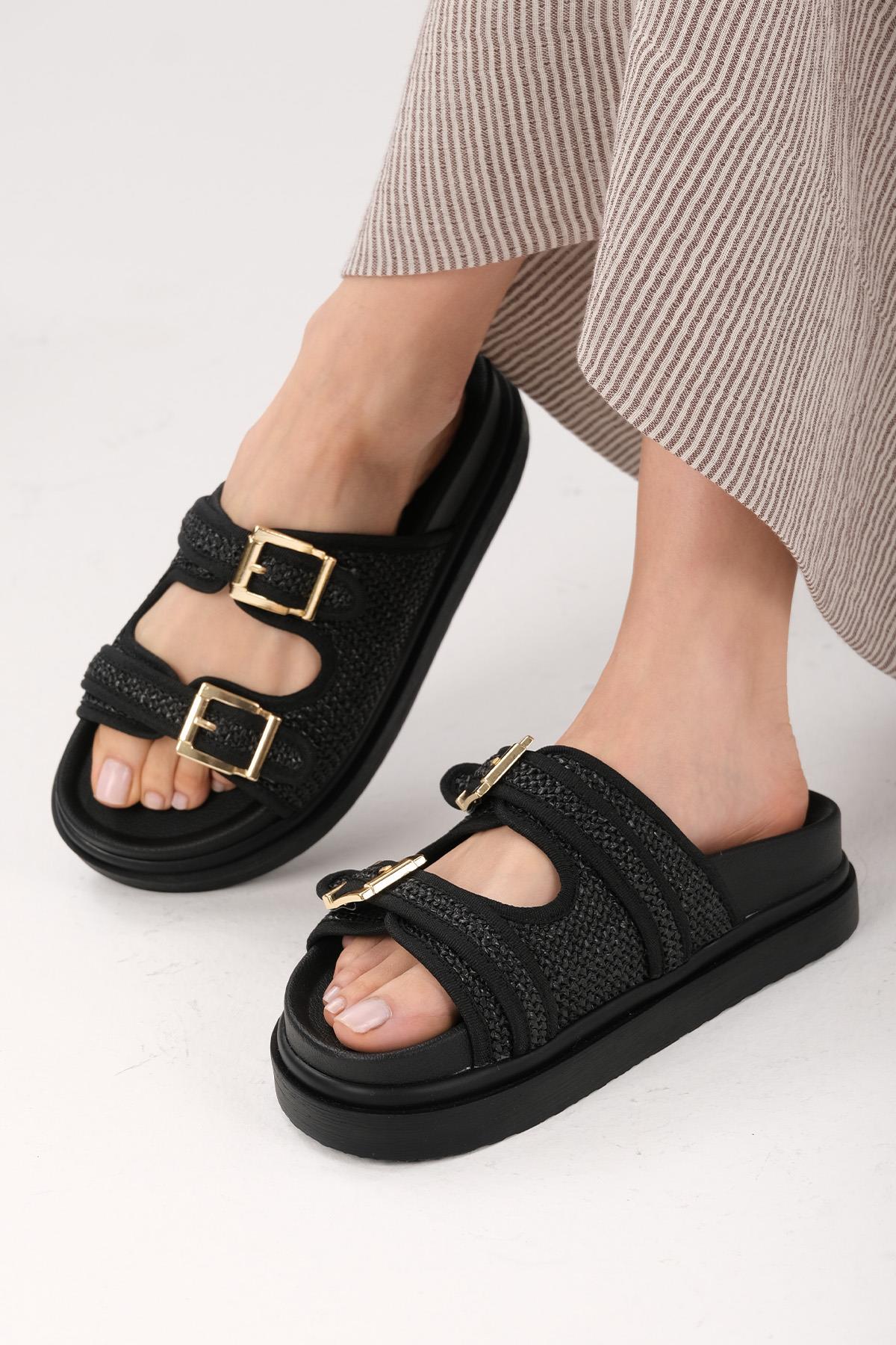 Adara Siyah Renk Hasır Çift Tokalı Terlik
