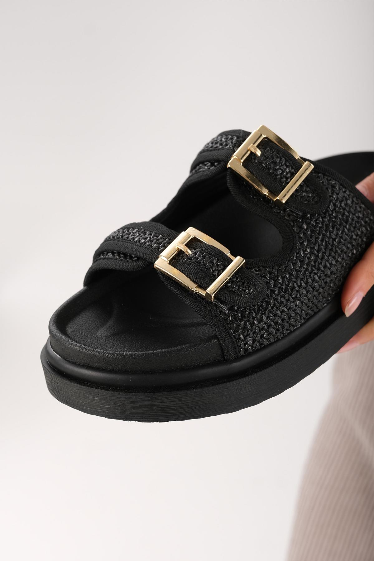 Adara Siyah Renk Hasır Çift Tokalı Terlik