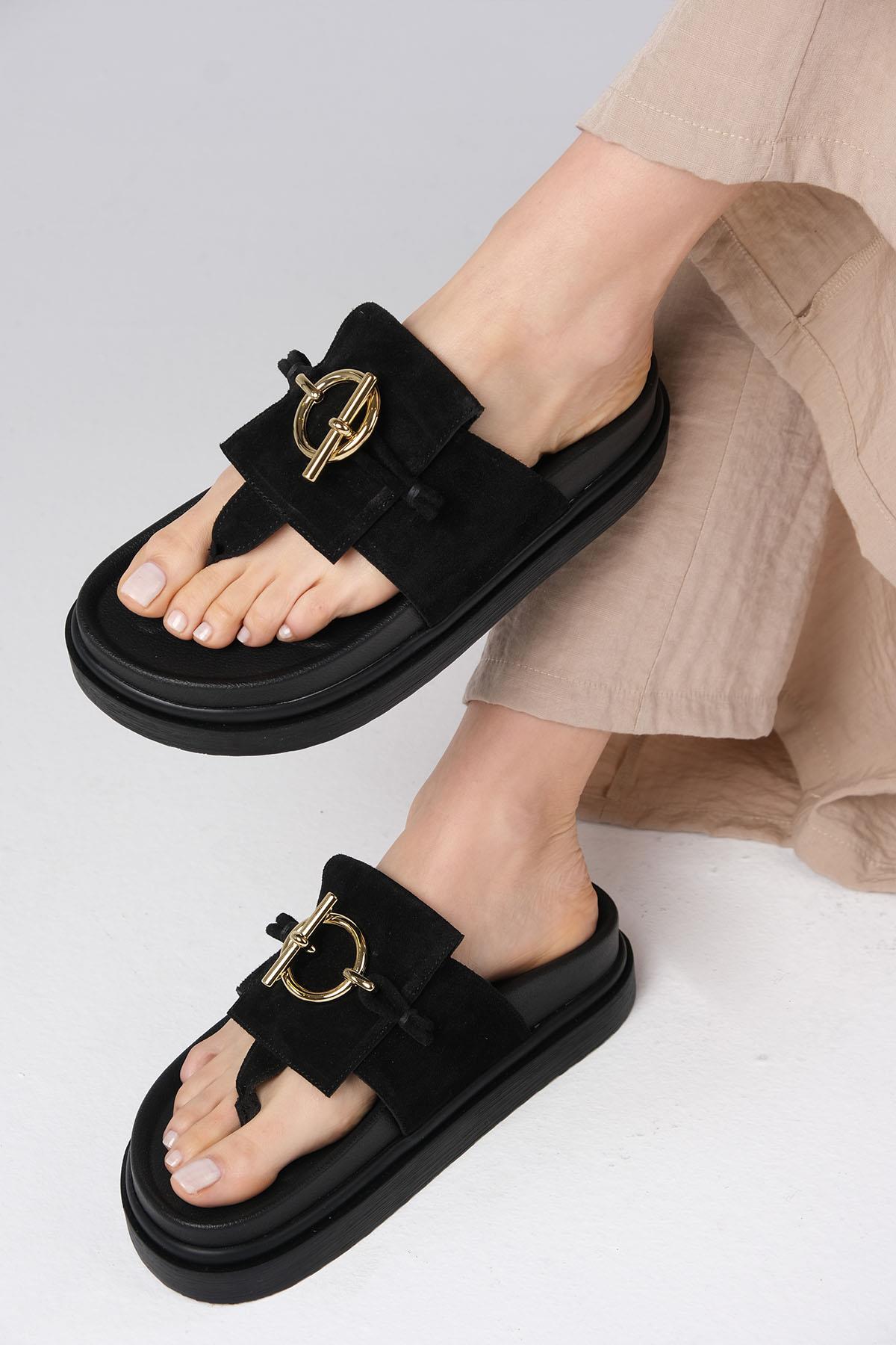 Alison Hakiki Deri Siyah Renk Parmak Arası Terlik