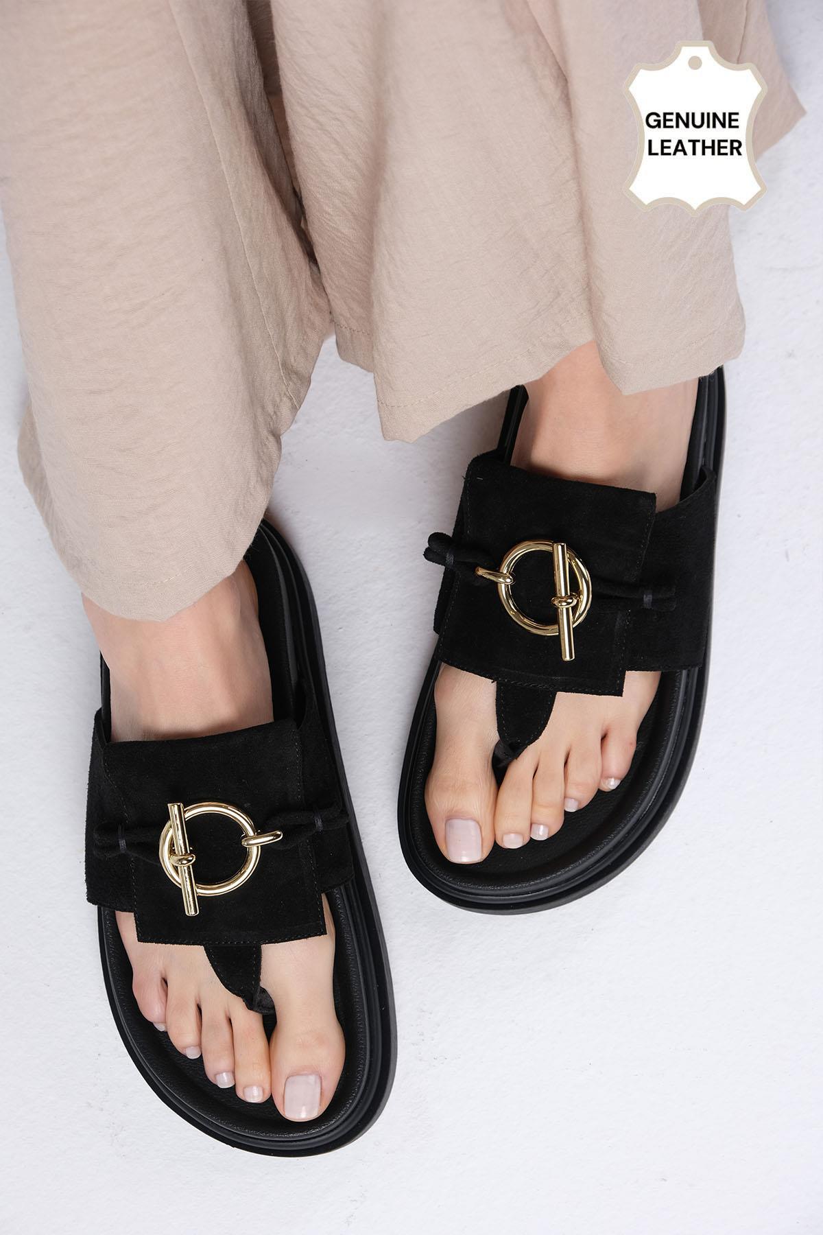 Alison Hakiki Deri Siyah Renk Parmak Arası Terlik