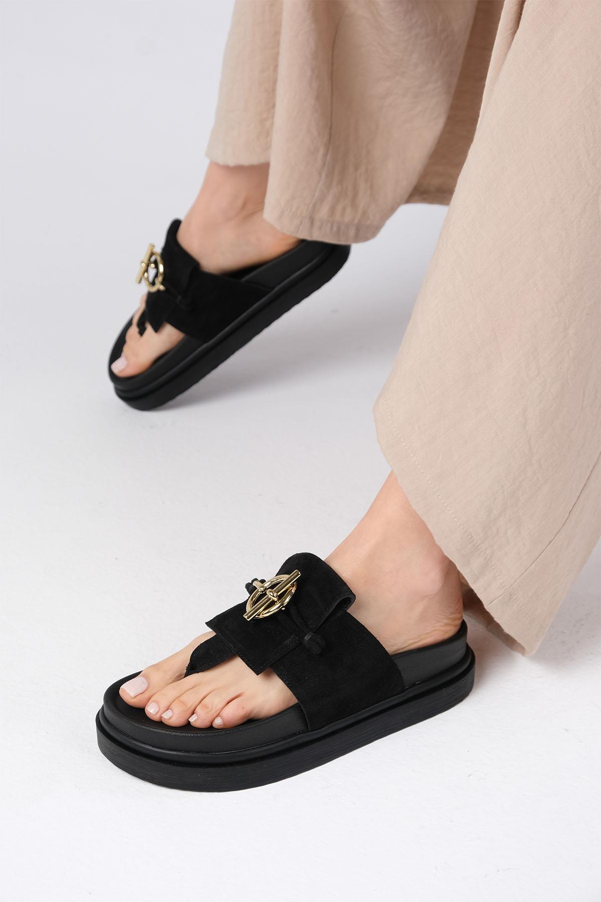 Alison Hakiki Deri Siyah Renk Parmak Arası Terlik