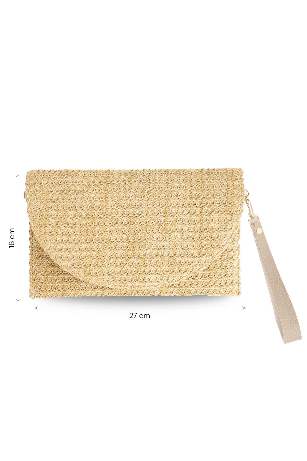 Bej Renk Hasır Dokulu Çapraz Askılı Omuz Çantası