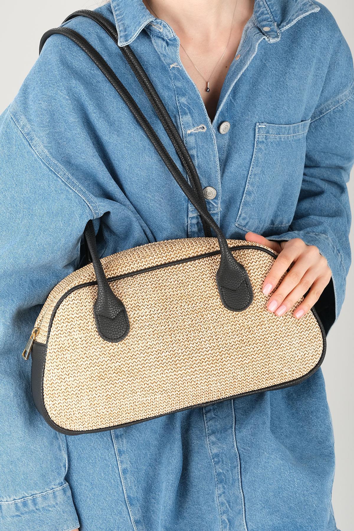 Bej Siyah Renk Detaylı Omuz Çantası