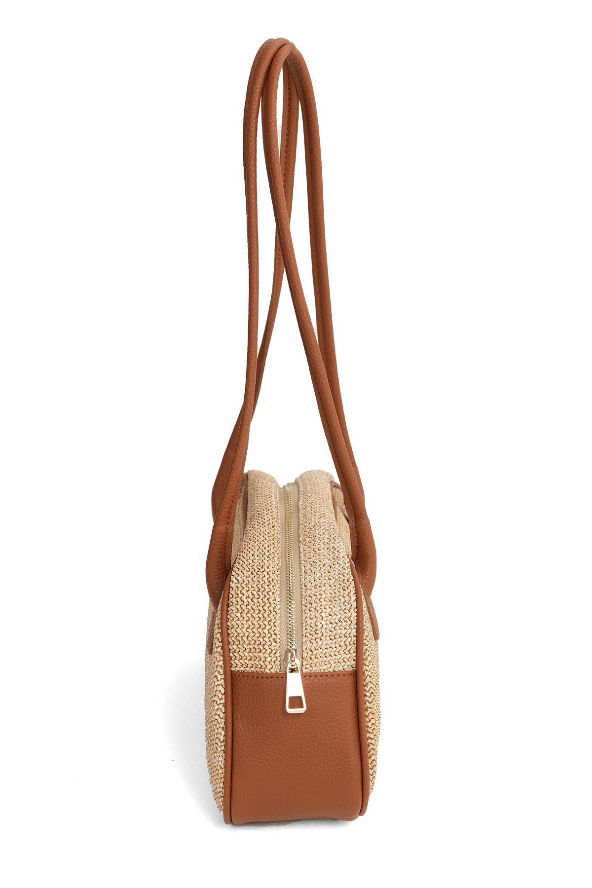 Bej Taba Renk Hasır Detaylı Omuz Çantası