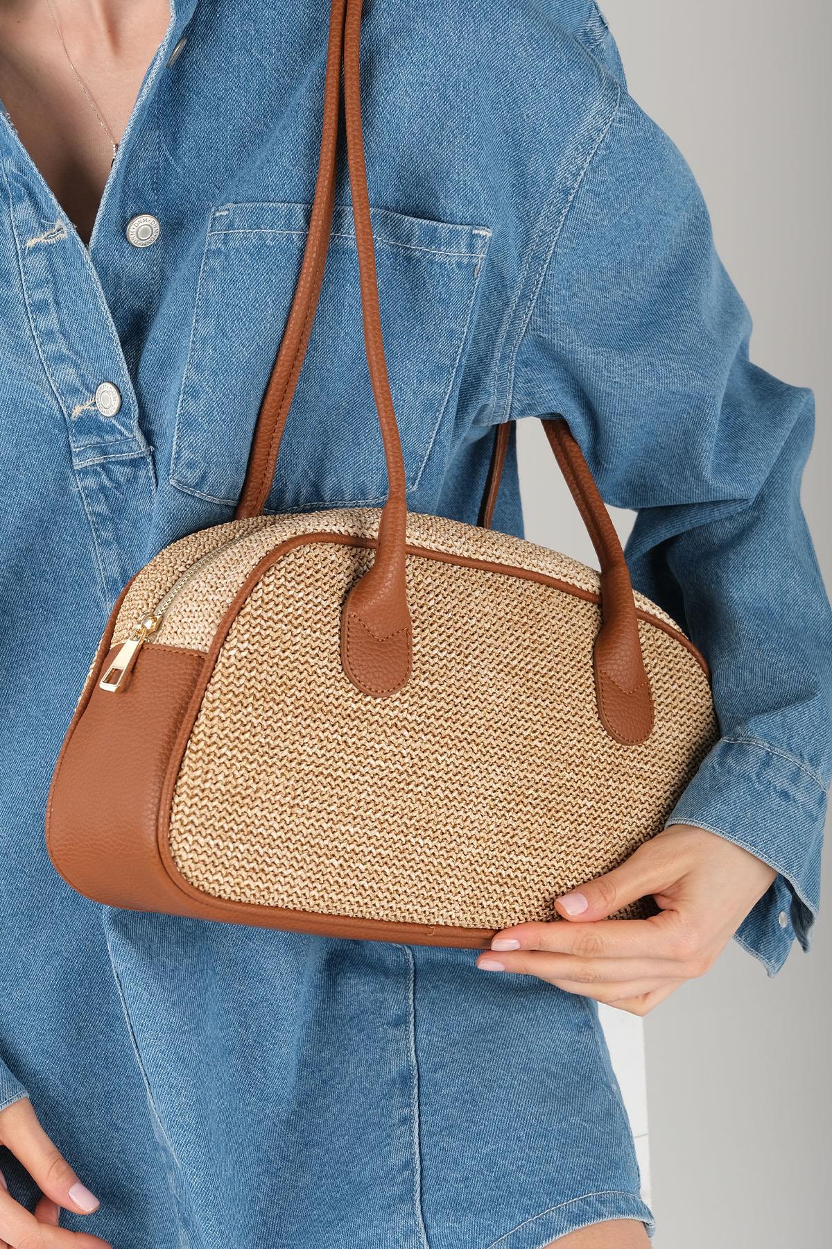 Bej Taba Renk Hasır Detaylı Omuz Çantası