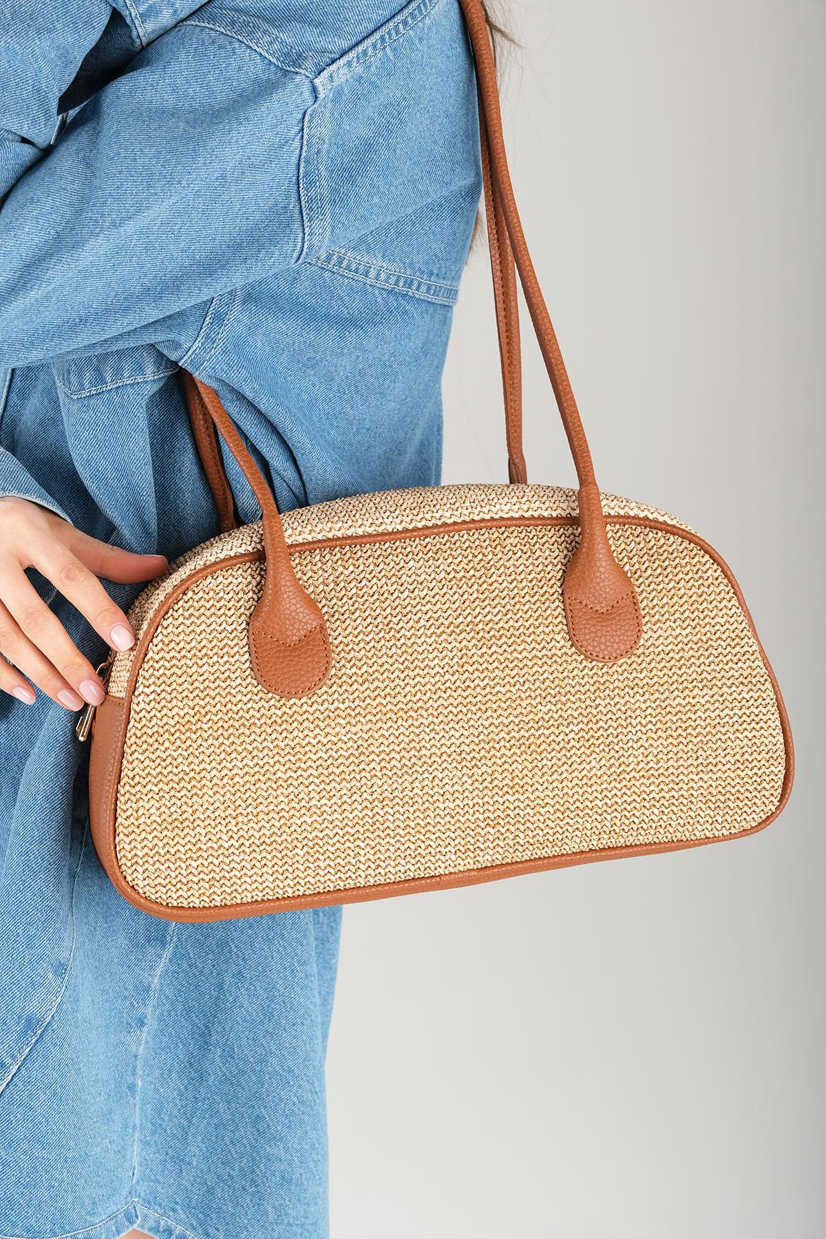 Bej Taba Renk Hasır Detaylı Omuz Çantası