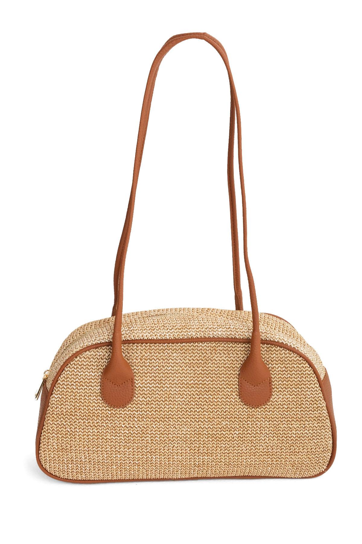 Bej Taba Renk Hasır Detaylı Omuz Çantası