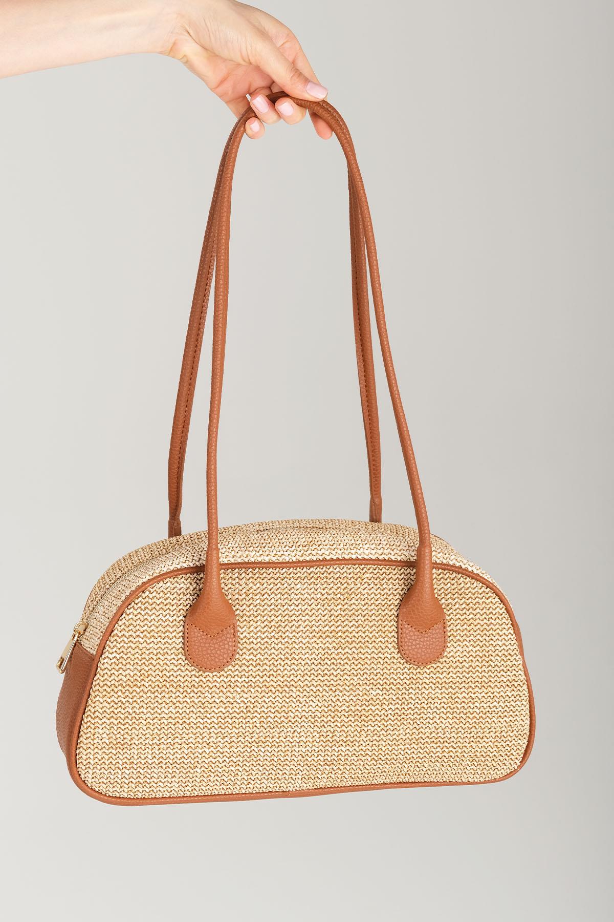 Bej Taba Renk Hasır Detaylı Omuz Çantası