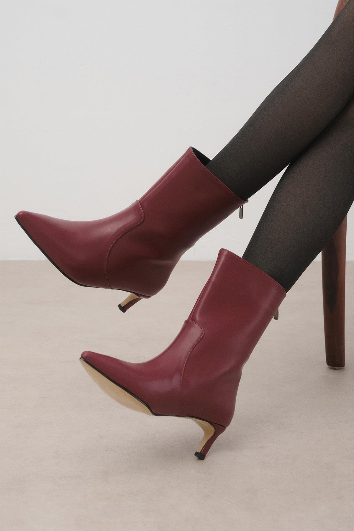 Lily Bordo Renk İnce Topuklu Bot