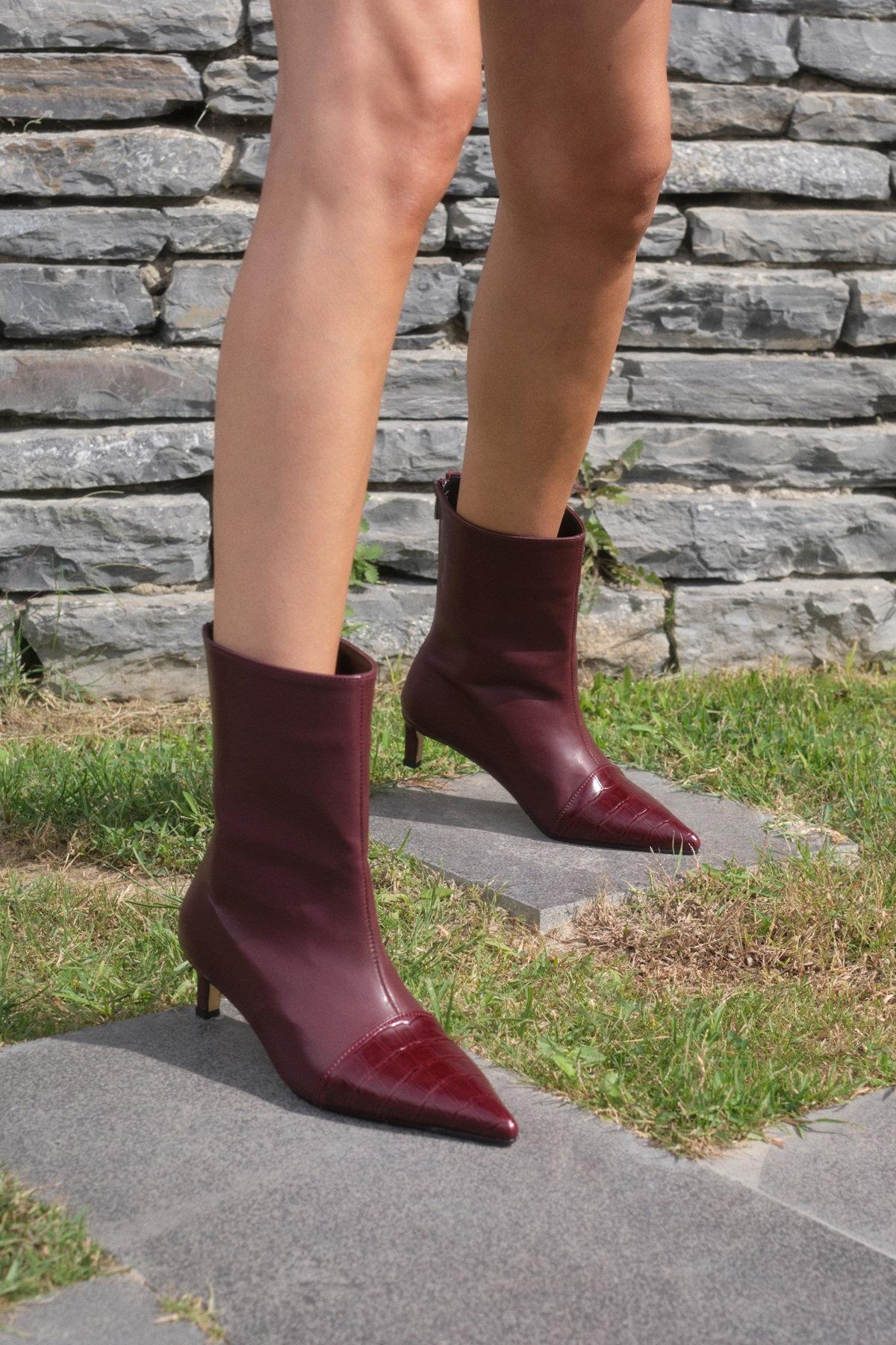 Bristol Bordo Renk Croco Detaylı İnce Topuklu Bot