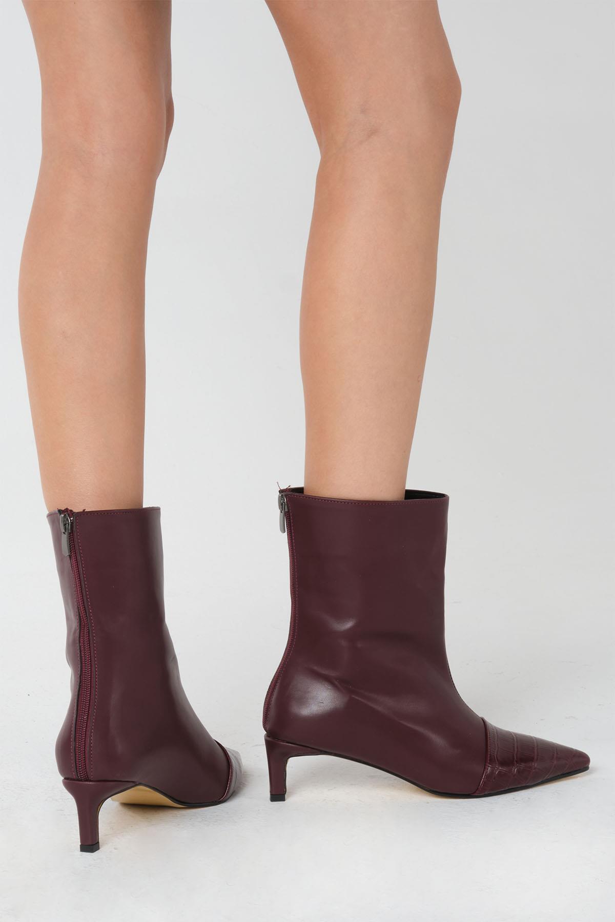 Bristol Bordo Renk Croco Detaylı İnce Topuklu Bot