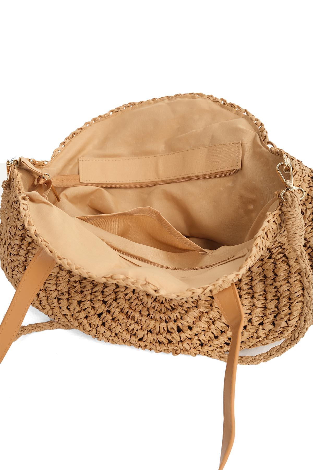 Camel Renk Yuvarlak Örgü Hasır El Ve Omuz Çantası