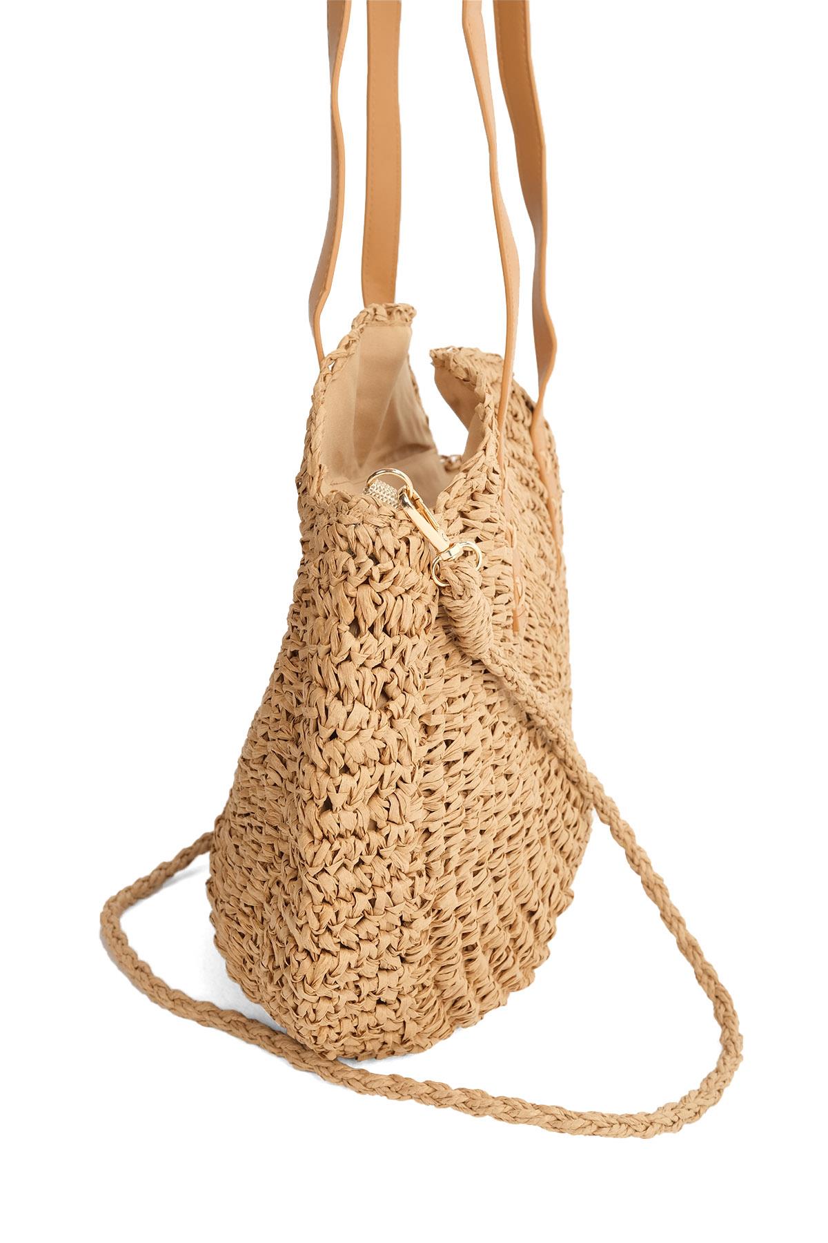 Camel Renk Yuvarlak Örgü Hasır El Ve Omuz Çantası