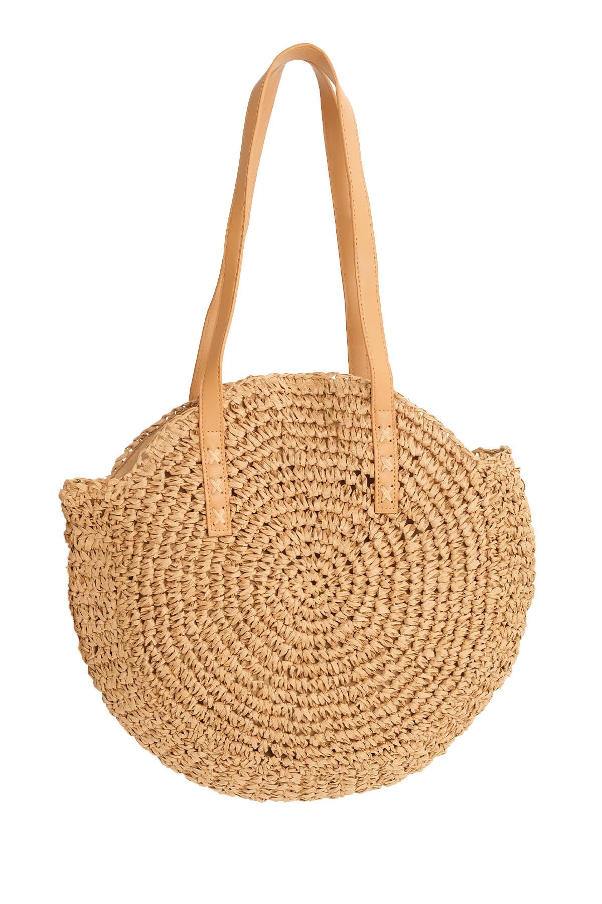 Camel Renk Yuvarlak Örgü Hasır El Ve Omuz Çantası