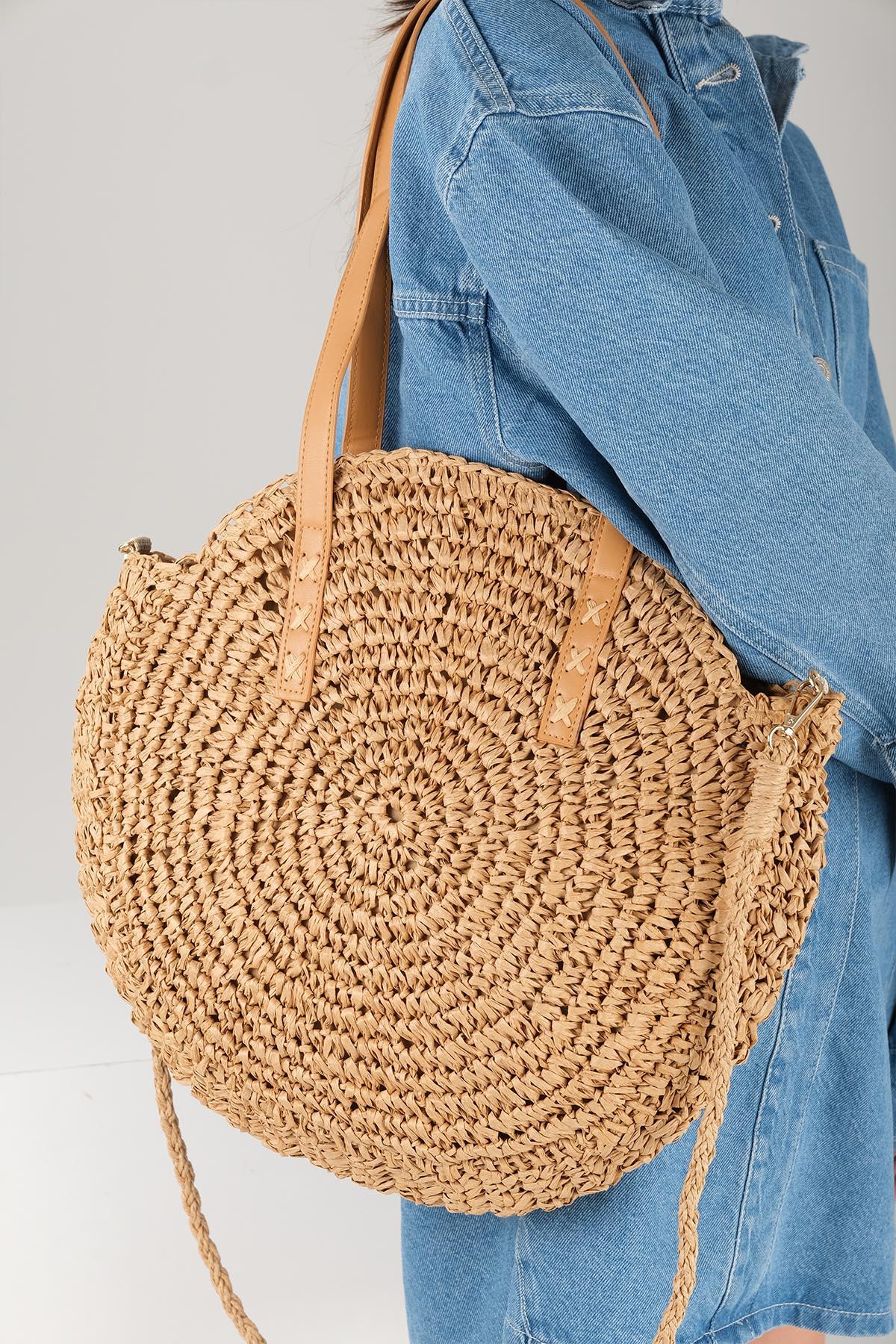 Camel Renk Yuvarlak Örgü Hasır El Ve Omuz Çantası